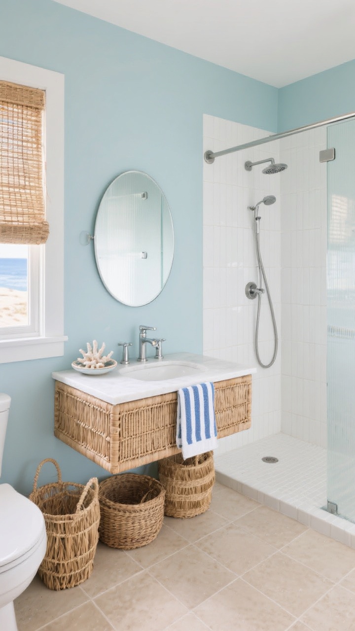 Wide shot, corner angle: A coastal capsule bathroom with chalky pale blue walls and sand-colored large-format floor tiles elongating the room, a rattan-front floating vanity with a white quartz top, polished chrome hardware sparkling subtly, an oval porthole-style mirror with slim chrome frame, a shower with vertical white subway tile adding height and a half-glass panel, a woven window shade filtering sun like a beach cabana; accents include narrow blue-and-white stripe towels, a ceramic coral dish, and sea grass baskets, breezy and resort-like, photorealistic.