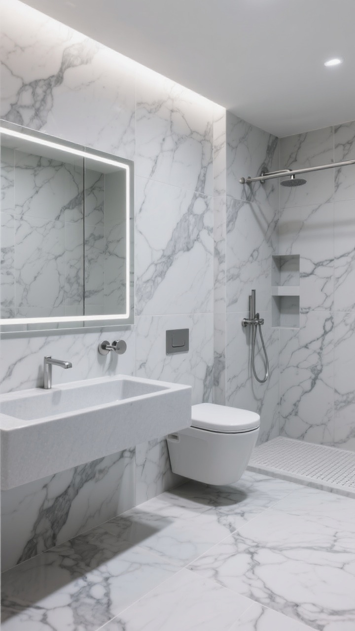 Wide shot, corner angle: A monochrome marble-look bathroom wrapped in light gray porcelain with bold dramatic veining on walls and floor, a floating pale-gray trough sink and a wall-hung toilet in the same tone, a rimless rectangular mirror with a single linear LED above for flicker-free modern illumination, a curbless walk-in shower with a linear drain and recessed niche lined in matching veined tile, brushed nickel hardware kept sleek and subtle; the continuous tone-on-tone palette reads expansive and boutique-luxe, photorealistic.