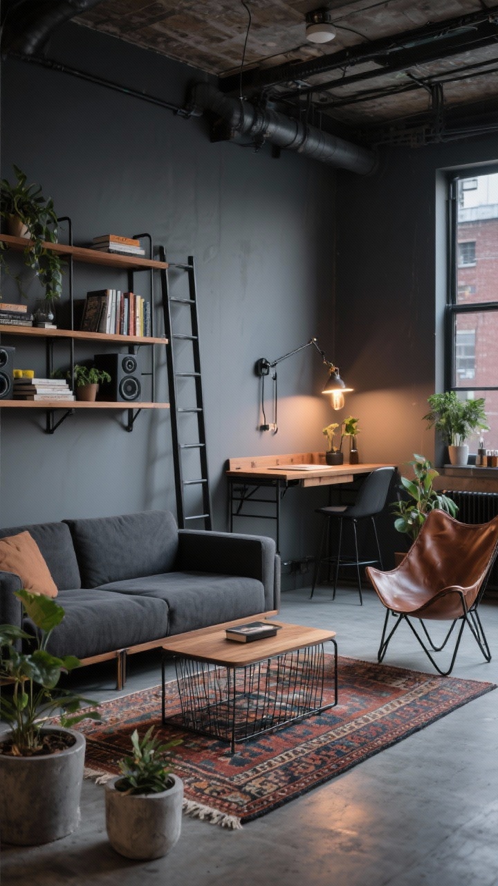 Wide shot, Industrial Loft Lite: compact urban living room with a charcoal sofa on metal legs and a wireframe coffee table preserving clear sightlines. Black metal and oak ladder-style shelving holds books, speakers, and plants. Wall-mounted fold-down desk that converts to a bar; exposed-bulb swing-arm sconce saves floor space. Flat vintage-look kilim rug adds color and character; concrete-look planters and a leather sling chair introduce warmth and edge. Palette: charcoal, warm oak, matte black, hints of rust. Evening scene with practical task lighting and moody ambience, photorealistic.