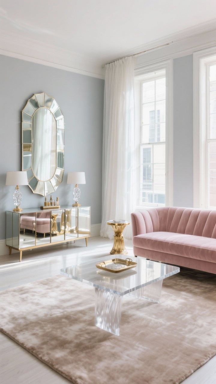 Wide shot, Light-Bending Glam with mirrors and metallics: pale dove-gray walls, velvet loveseat in blush positioned on a softly reflective palest taupe viscose rug, lucite waterfall coffee table nearly disappearing, mirror-paneled console on one wall with crystal lamp bases and a compact bar tray, large bevel-edged statement mirror opposite tall windows bouncing light, antique brass side tables, sheer white curtains hung high to elongate height, accents of antiqued mirror, brushed brass, and a hint of chrome; bright, sparkling daylight with gentle highlights, luxurious yet airy, photorealistic.