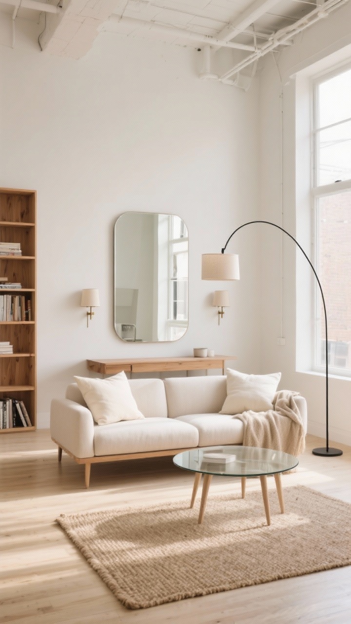 Wide shot, light-soaked loft living room in airy neutrals: warm whites, soft beiges, pale oak. A leggy, low-profile two-seater sofa floats centered off the walls; a round glass coffee table on a jute rug; slim console table beneath a large rectangular mirror bouncing sunlight. Tall arc floor lamp arcing over the sofa, two linen-shade wall sconces, narrow open-back oak bookcase. Trio of cream pillows and an oatmeal throw on the sofa. Photorealistic, bright natural daylight, clean sightlines, minimal visual weight.