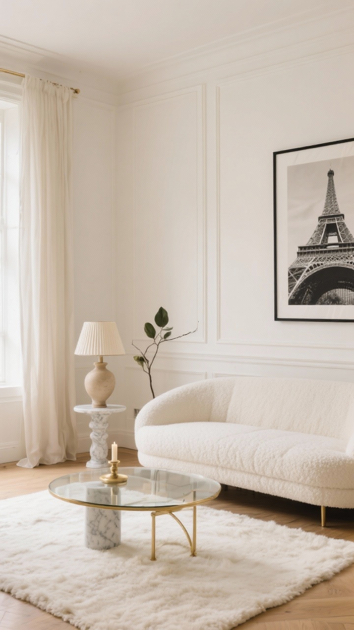 Wide shot, Parisian-inspired cream box living room: warm creamy white walls with slim molding halfway up mimicking classic paneling, low-profile off-white bouclé loveseat, delicate brass-and-glass coffee table that visually disappears, petite marble pedestal side table, floor-kissing light linen curtains, plush cream rug, one oversized black-and-white architectural print in a slim black frame, petite fluted table lamp, sculptural candle, single leafy branch in a ceramic vase. Soft natural daylight, calm chic mood, palette of cream, soft white, muted black, warm brass. Photorealistic.