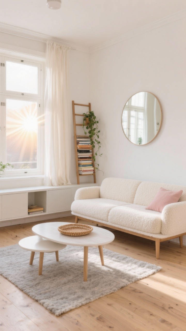 Wide shot, Scandinavian Sunrise Studio: a small sunlit living room with pale oak floors and warm white walls with a whisper of cream, natural daylight bouncing off matte finishes. A low-profile cream bouclé loveseat with slender oak legs faces a round nesting coffee table in whitewashed wood. A slimline floating media console keeps the floor clear. Built-in bench under the window with hidden compartments; linen curtains filter the light. A large simple round mirror hangs opposite the window, reflecting the sunlight. A narrow ladder shelf holds stacked books and a trailing plant. Wool flatweave rug in pale gray, woven cane tray on the table, soft blush accents throughout. Airy, intentional, photorealistic.