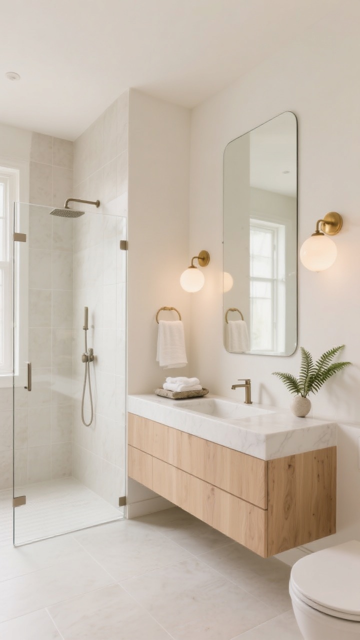 Wide shot, straight-on view: A light and lofty small bathroom with warm white walls kissed with cream, an expansive frameless glass shower featuring extra-large matte porcelain tiles running floor-to-ceiling, a slim floating vanity in pale oak with a thin white quartz countertop and a wall-mounted faucet, an oversized edge-to-edge mirror above the vanity, and two soft-brass globe sconces casting warm ambient light; accents include cloudy white towels, a single stone tray, and a small fern, creating an airy, seamless spa mood with clean lines and tall, calm atmosphere, photorealistic.