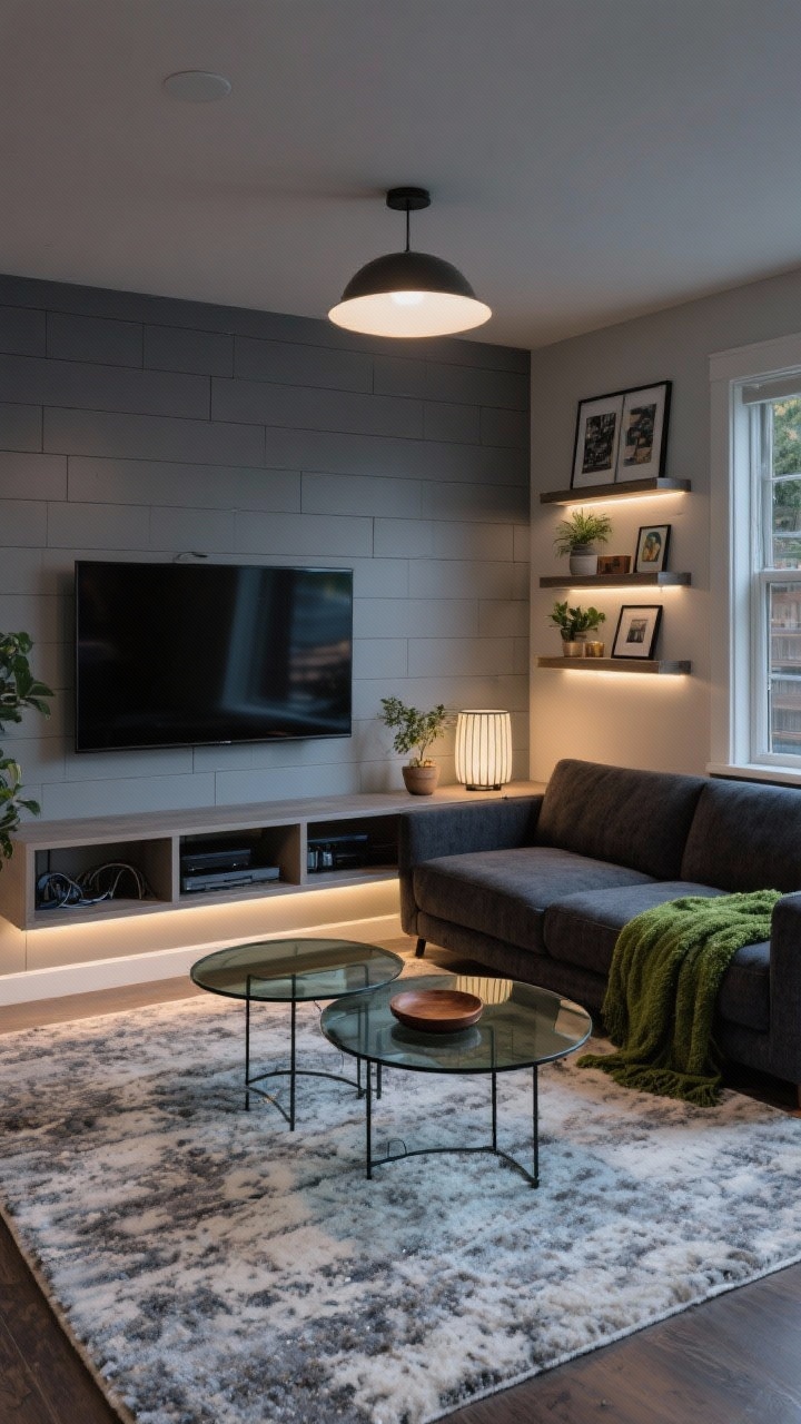 Wide, straight-on media micro-hub: small L-shaped sectional with chaise on the short wall in charcoal performance fabric facing a frameless TV mounted on soft gray-painted shiplap for a built-in feel. Floating media shelf concealing devices and cords; vertical picture ledges stacked to one side with art and potted plants. Plush low-pile rug in mottled gray-and-ivory; two smoked-glass nesting coffee tables. LED strip glow under the shelf plus a compact drum ceiling light. Pop of mossy green throw and walnut coasters for warmth. Evening, cinematic ambiance.