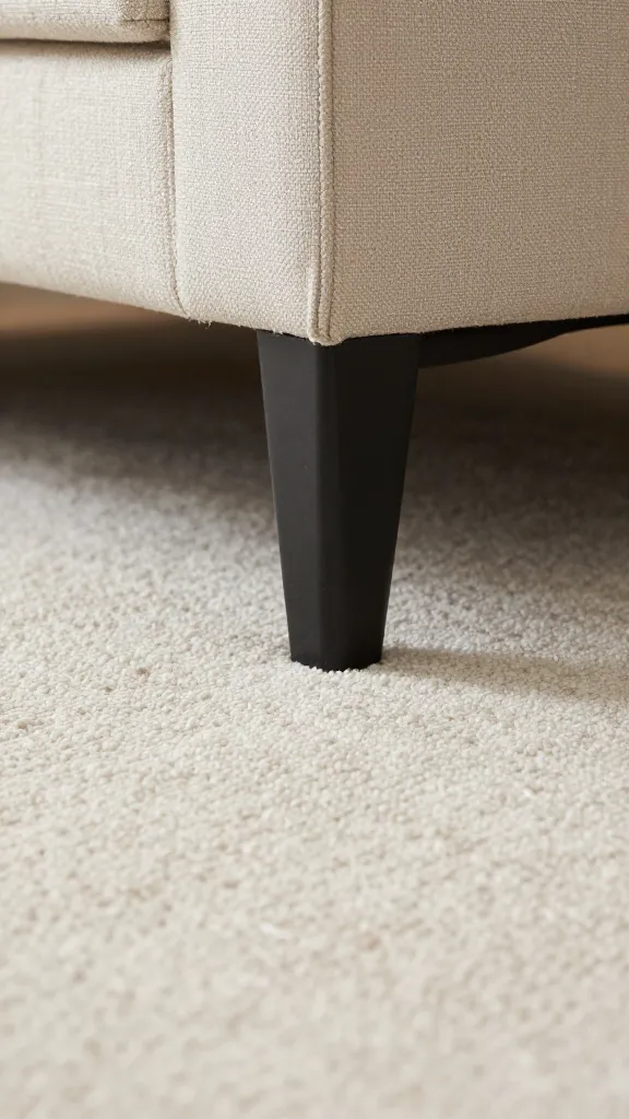 closeup of rug edge under front sofa legs