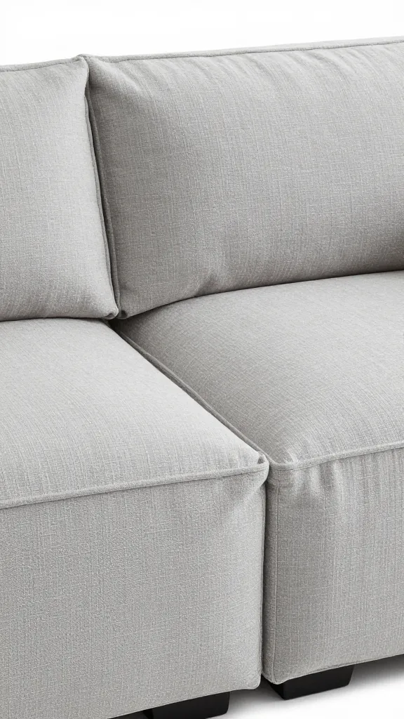 closeup of armless modular sectional corner in light gray linen