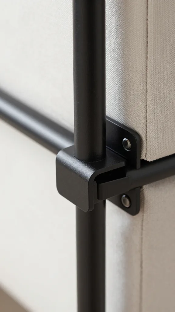 closeup of modular sofa connector latch on matte black hardware