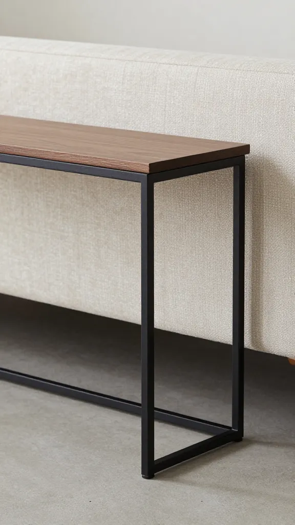 closeup of slim console table behind floating sofa