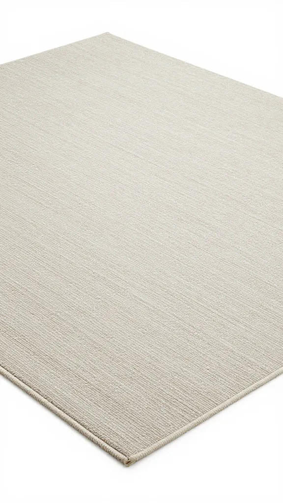 oversized neutral area rug corner, low-angle texture shot
