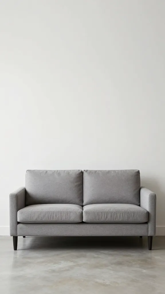 slim armless loveseat against small living room hero wall