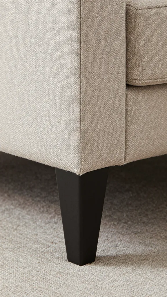 closeup of rug edge under sofa front legs, neutral tones