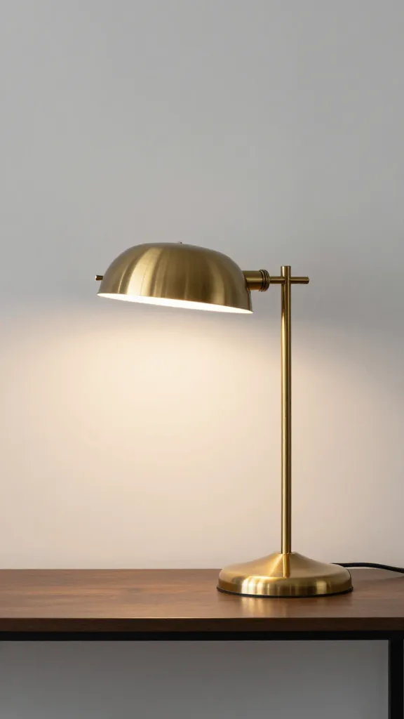 single brass task lamp on narrow console, minimalist styling