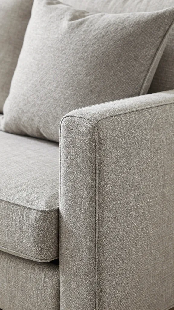 closeup of greige linen sofa arm with boucle pillow
