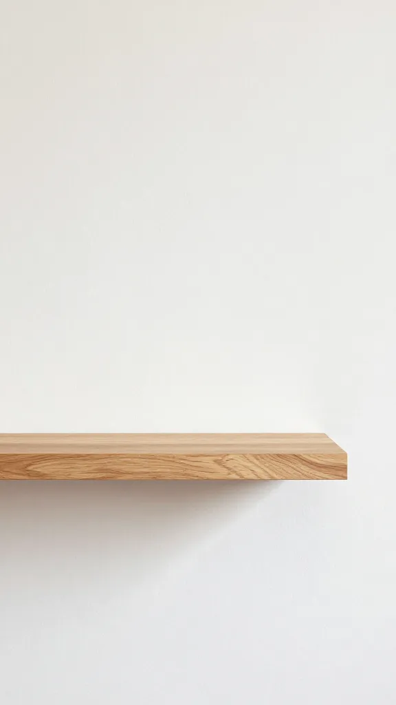 warm white plaster wall with natural oak floating shelf