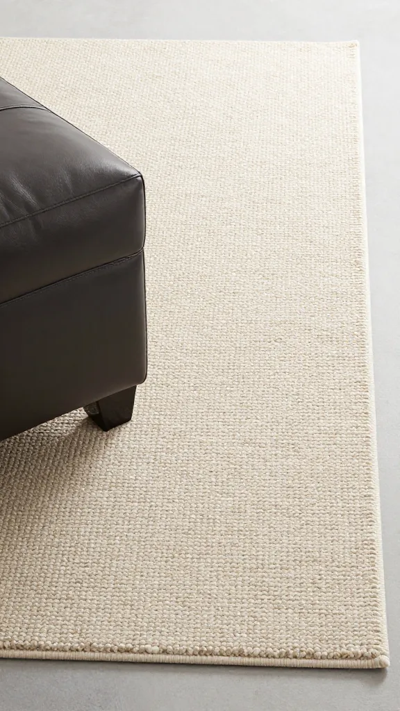 textured wool oatmeal rug corner under charcoal leather ottoman