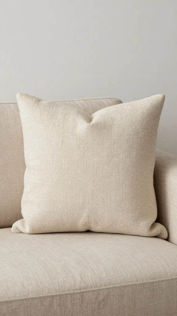 oatmeal throw pillow with nubby weave on beige sofa