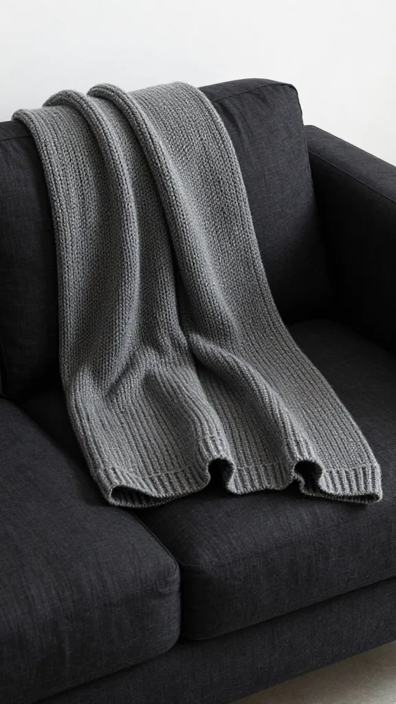 black linen sofa corner with chunky knit throw