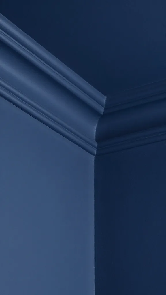 closeup of navy-painted crown molding against matching ceiling