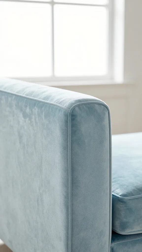 pale powder-blue velvet sofa armrest, soft window light