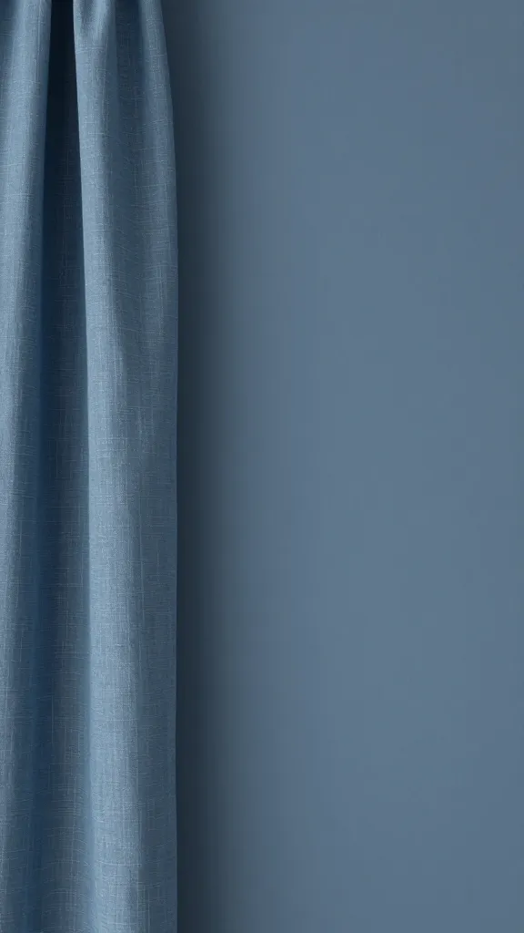 slate blue wall with textured linen curtain, tight crop
