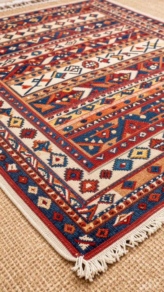 closeup of layered kilim rug over jute rug