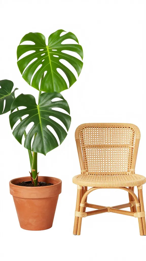 terracotta potted monstera beside rattan accent chair