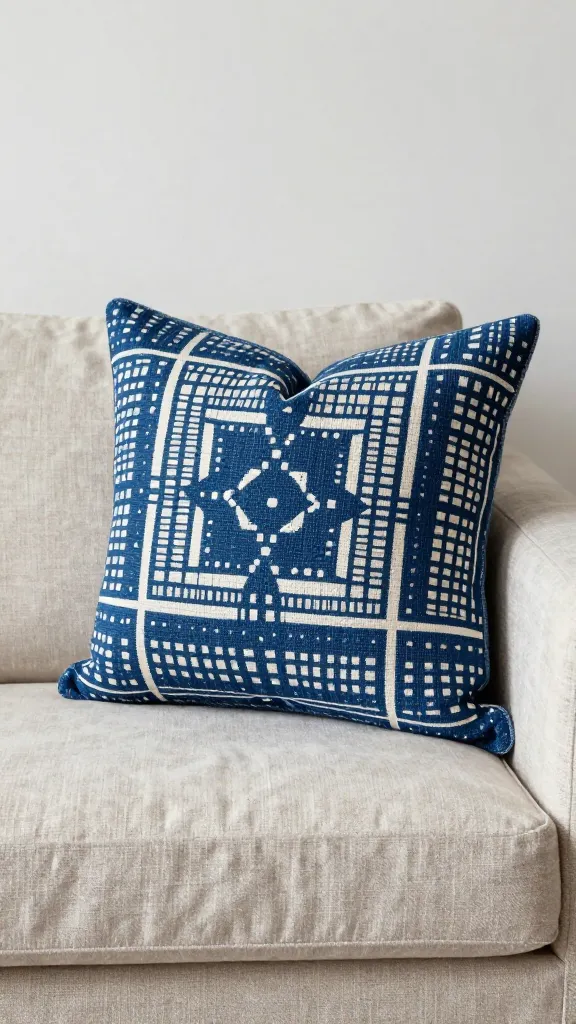 indigo mudcloth throw pillow on linen sofa arm