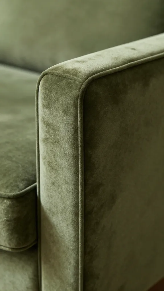 closeup of olive green velvet sofa armrest, natural light