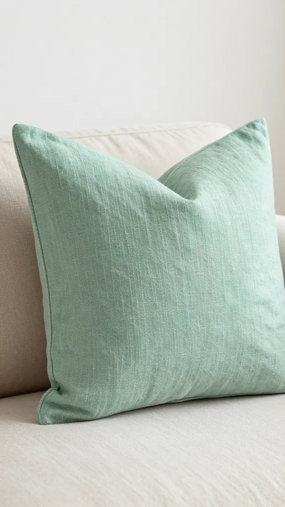 mint green linen throw pillow on neutral sofa, macro shot