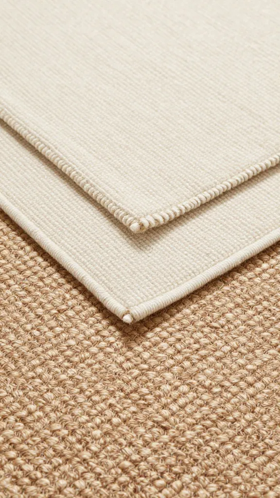 closeup of layered jute rug with smaller wool rug