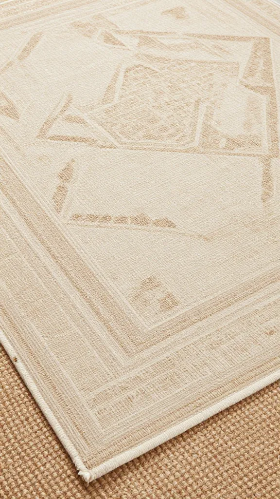 detailed shot of patterned wool rug on natural jute