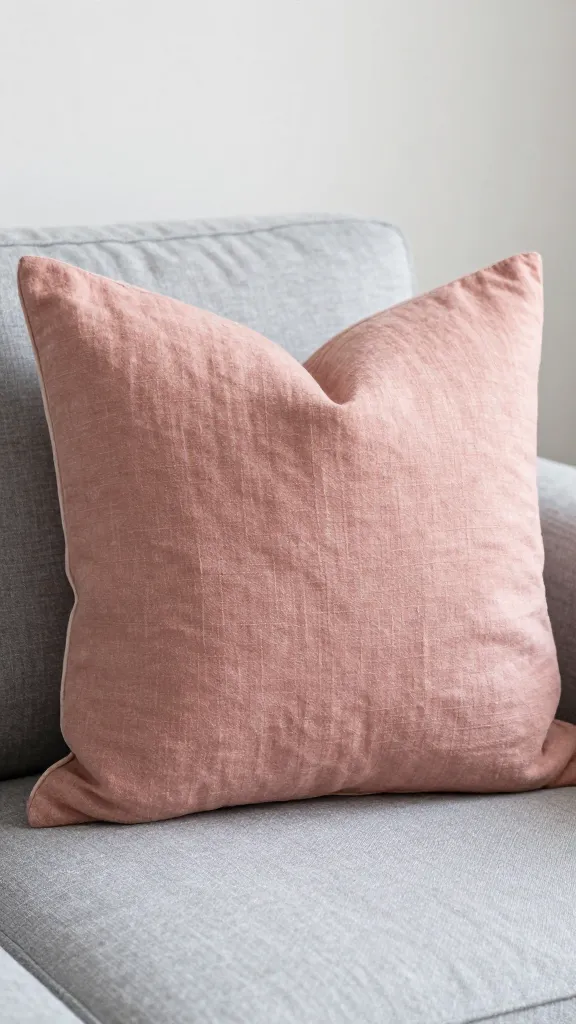 closeup blush linen throw pillow on greige sofa