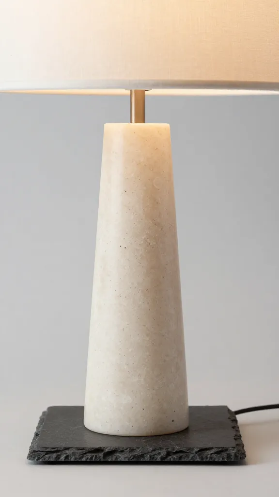 travertine table lamp on slate base, studio closeup
