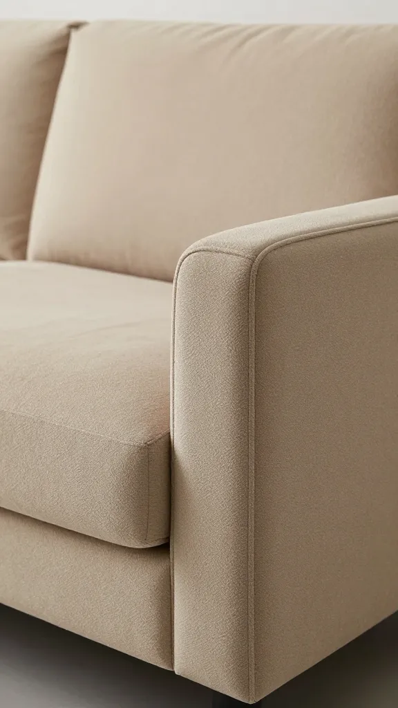closeup rounded-edge low-profile sofa in warm taupe bouclé