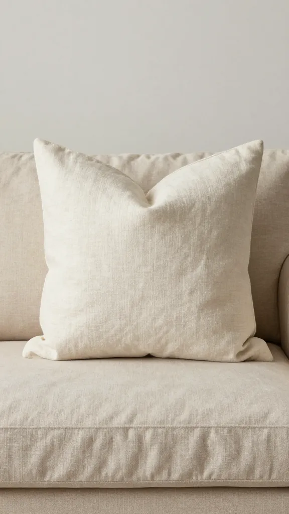 creamy linen throw pillow on sand-toned sofa, soft light