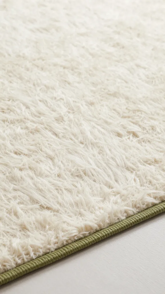 nubby wool rug detail with olive accent line, macro shot