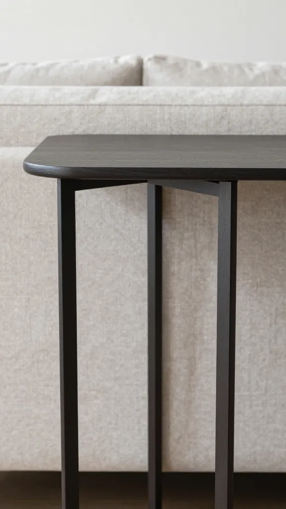 closeup of slim console table behind floated sofa