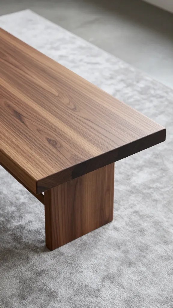 solid walnut coffee table edge, soft gray rug beneath