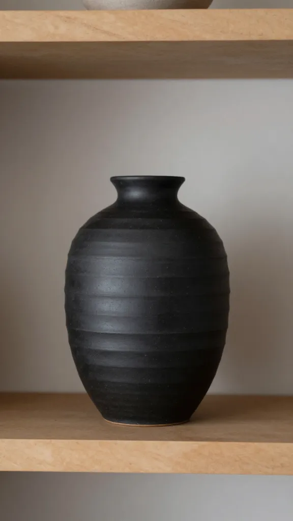 ribbed black ceramic vase on caramel-toned shelf