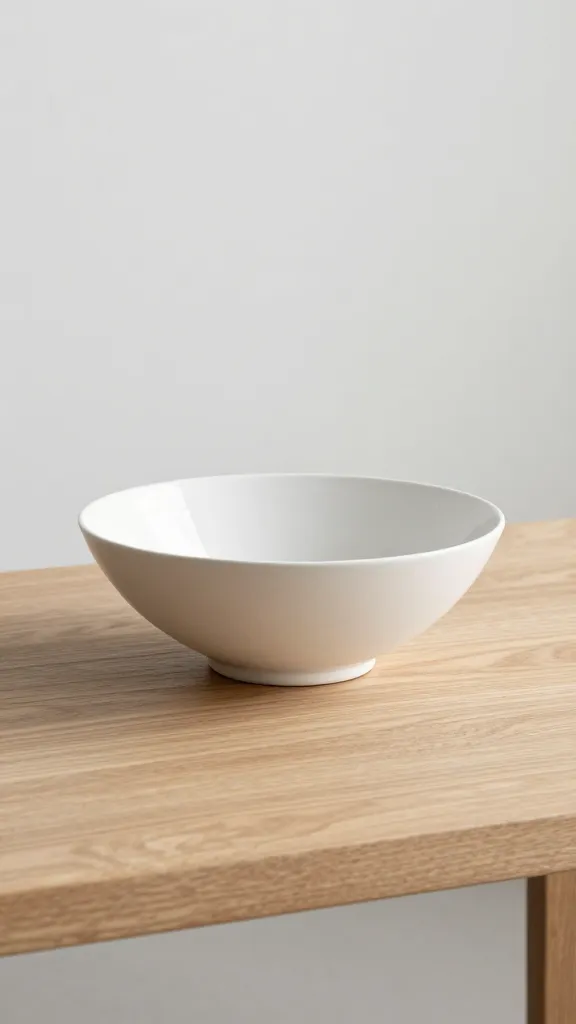 single sculptural ceramic bowl on light oak coffee table