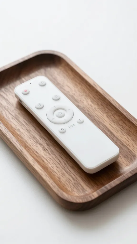 minimalist remote control in slim walnut tray, soft daylight