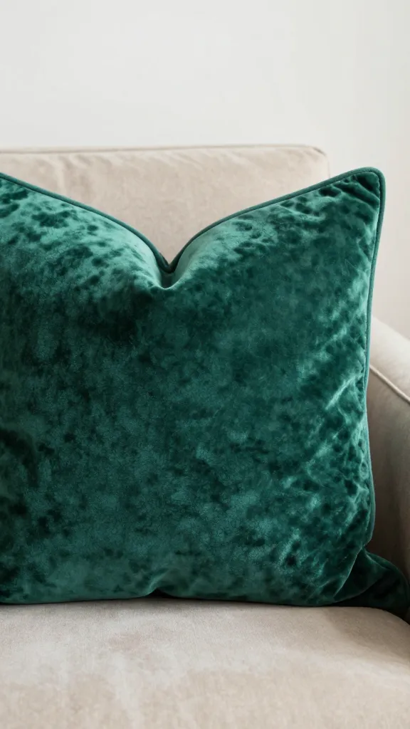 closeup of emerald velvet throw pillow on taupe sofa