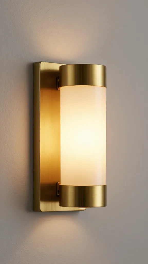 brushed brass bathroom sconce, warm diffused glow closeup