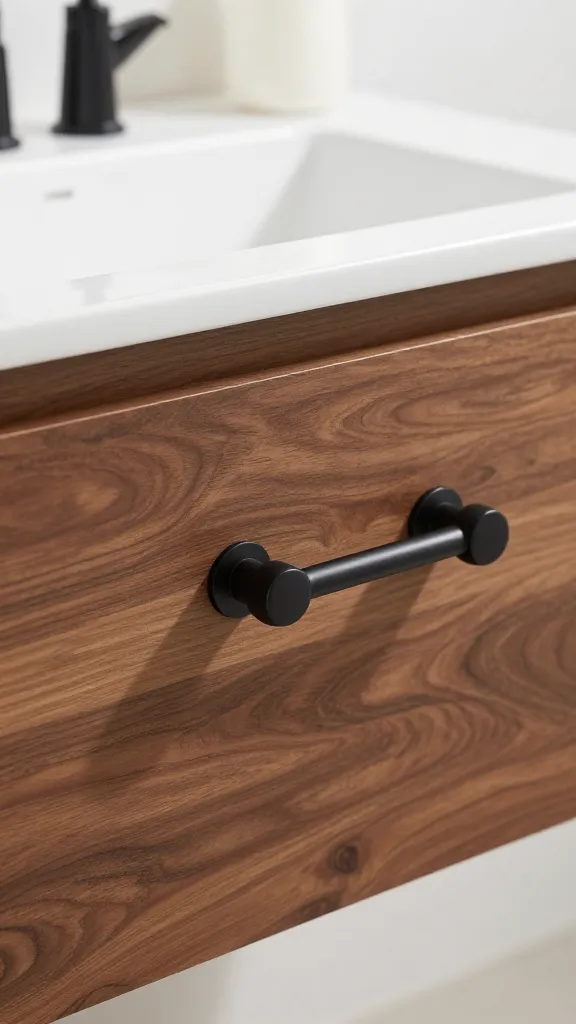 floating walnut bathroom vanity, matte black pulls, closeup