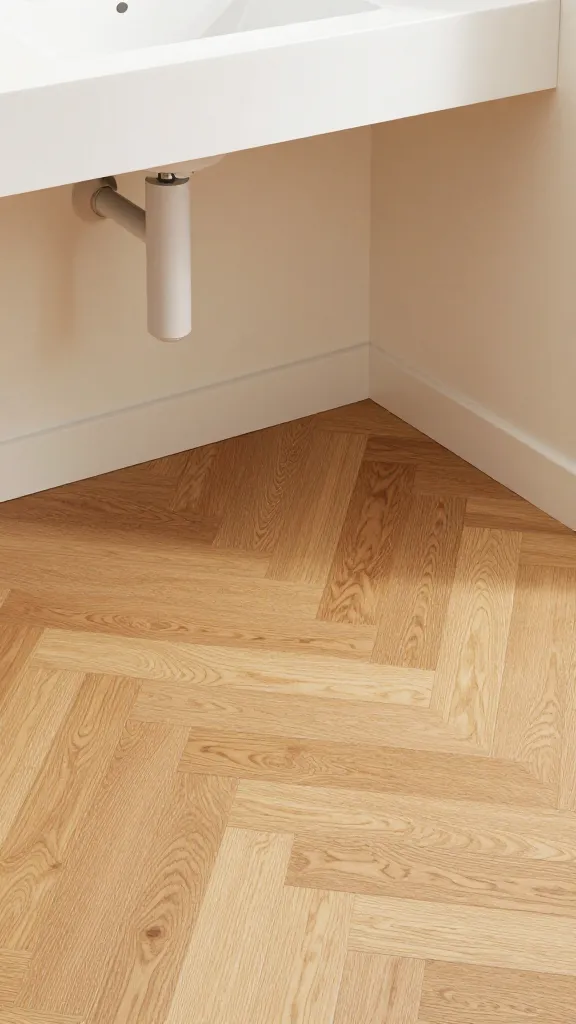 closeup of wall-mounted vanity revealing herringbone oak floor