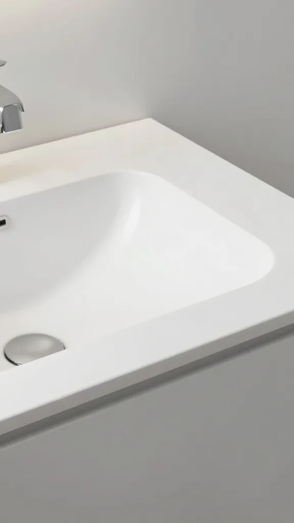 minimalist floating vanity with integrated white quartz sink, closeup