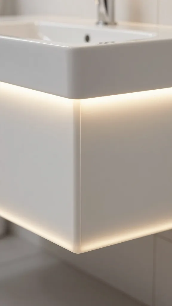 closeup of floating vanity underglow lighting on porcelain tile