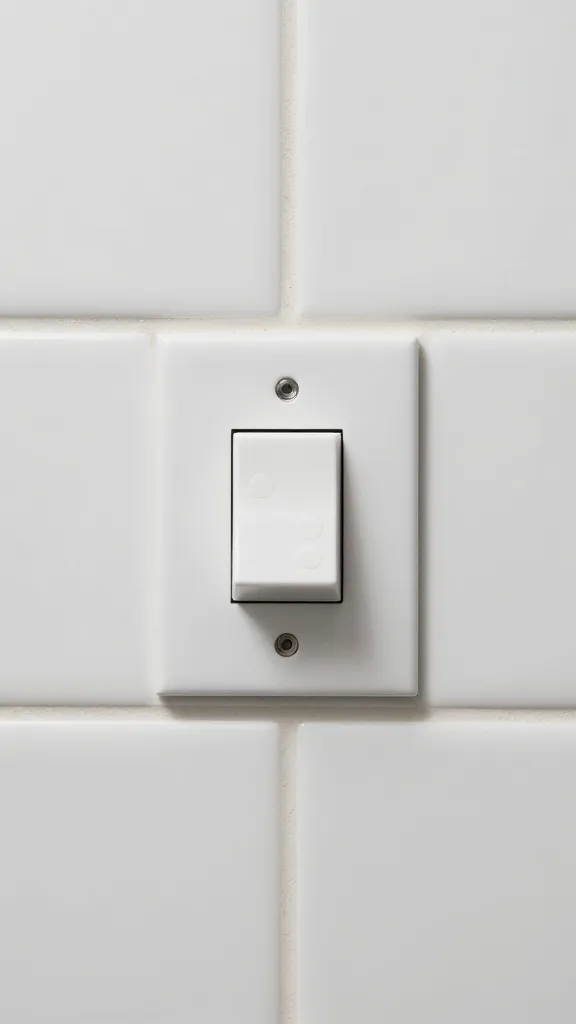 dimmer switch closeup on white subway-tile bathroom wall