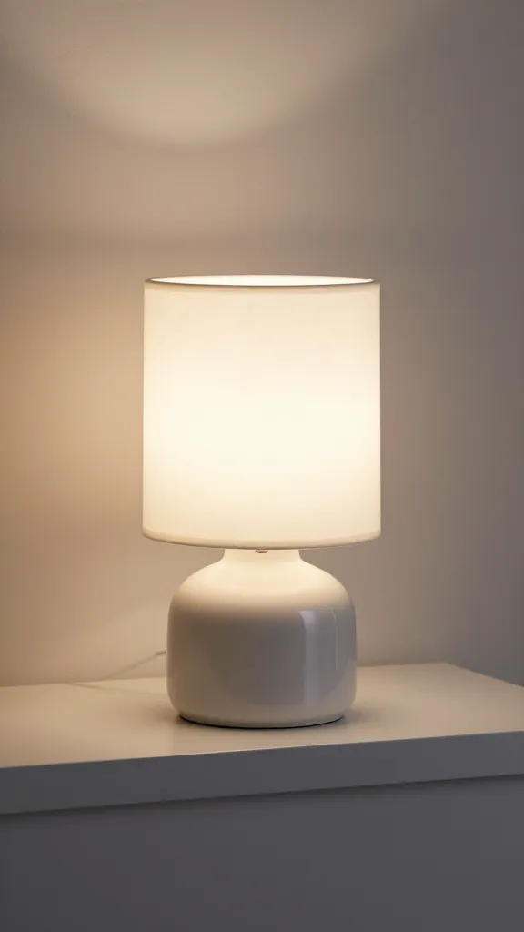 plug-in ceramic bedside-style lamp on bathroom shelf, glowing